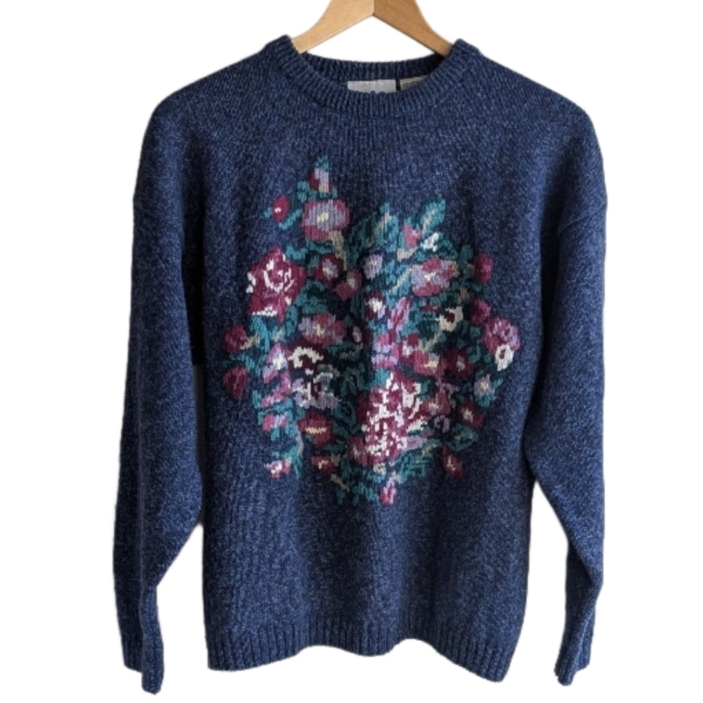 Vintage Wool Crewneck Sweater Northern Reflections Blue Floral Grandmacore L